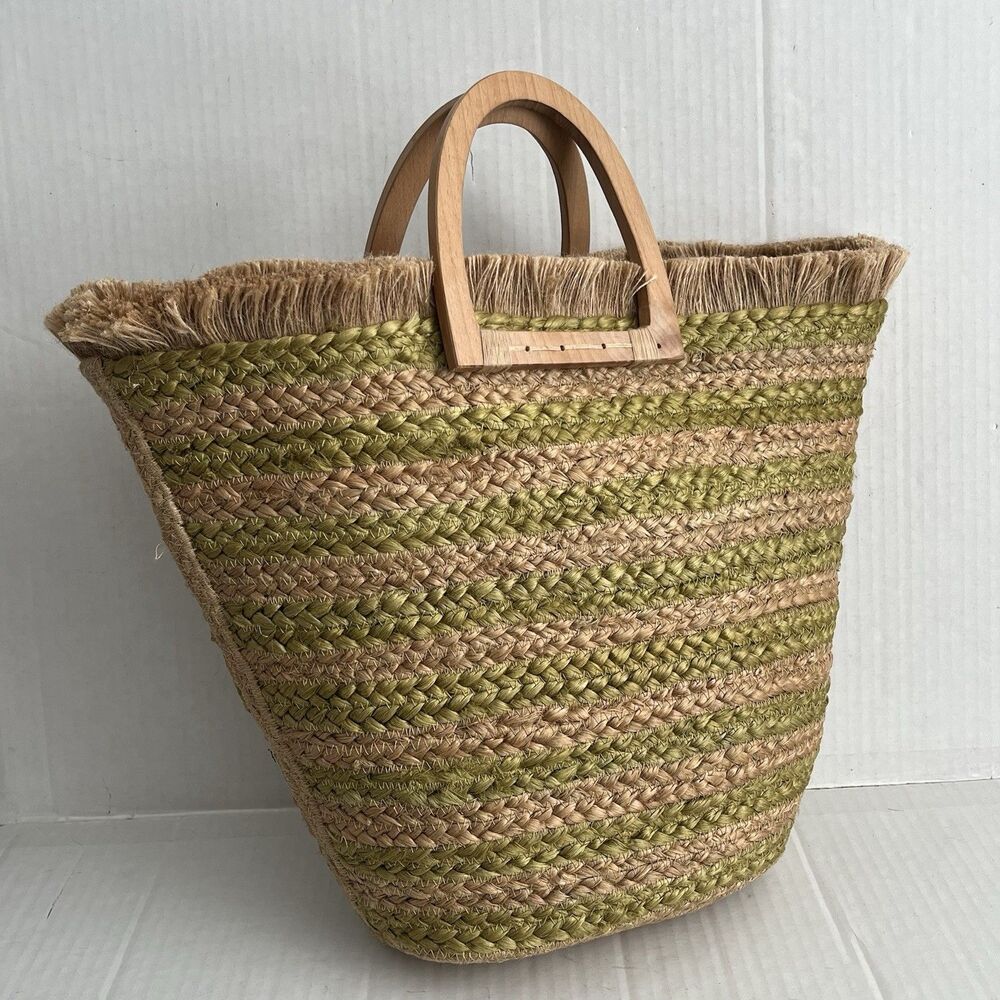 ANTIK KRAFT Woven Jute Tote Bag Wood Handles Beach Boho Market Basket Coastal